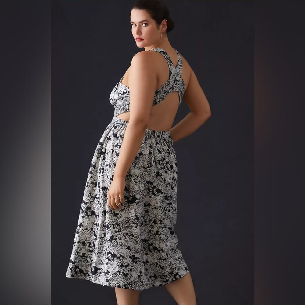 Anthropologie Printed Midi Dress‎ Black Floral Linen Blend Cutout Women’s Size S - Picture 6 of 13